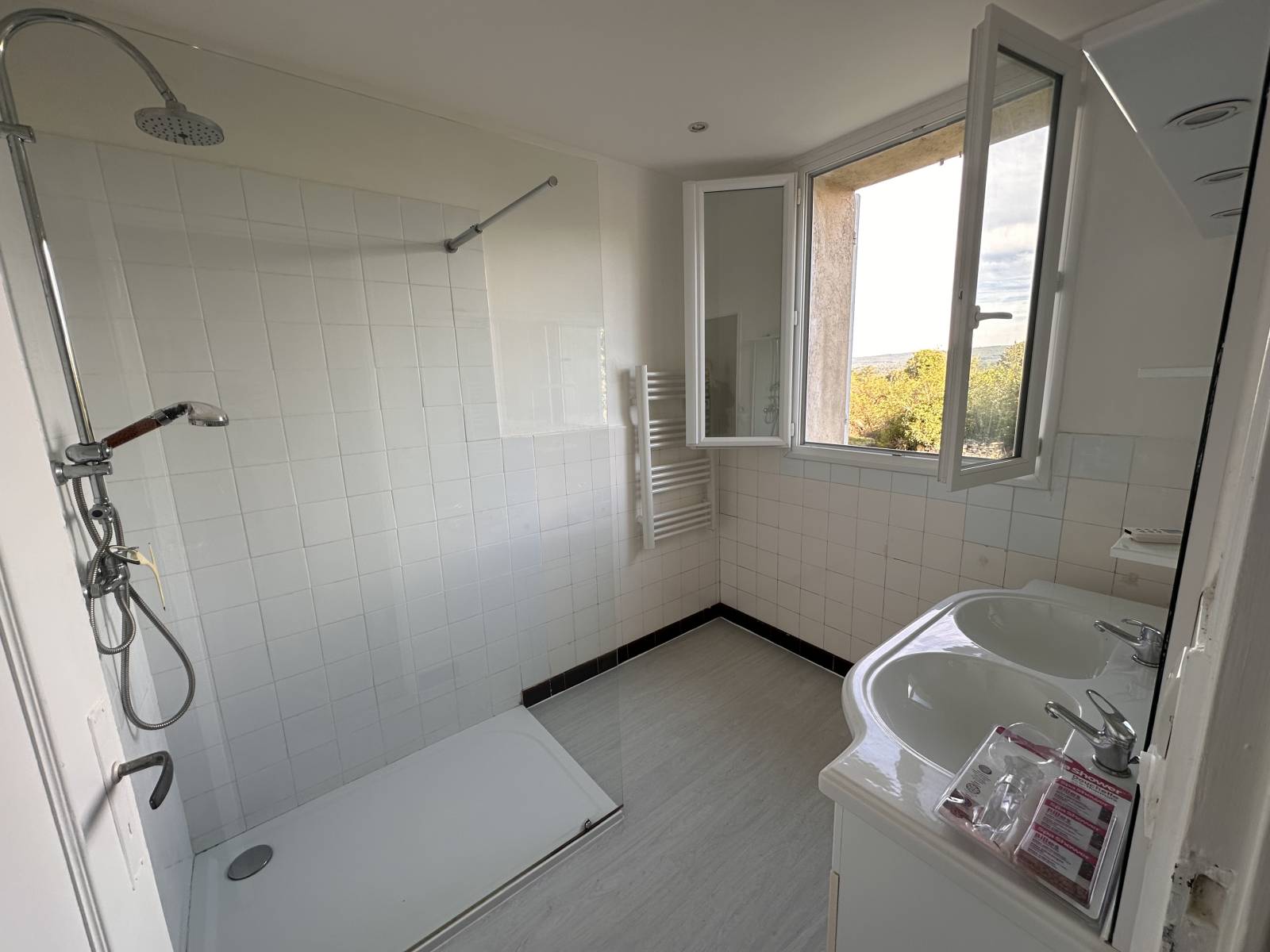 La salle d'eau toute blanche avec la double vasque