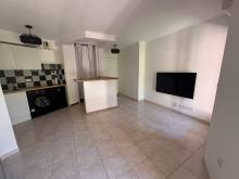 séjour avec cuisine en arrière plan